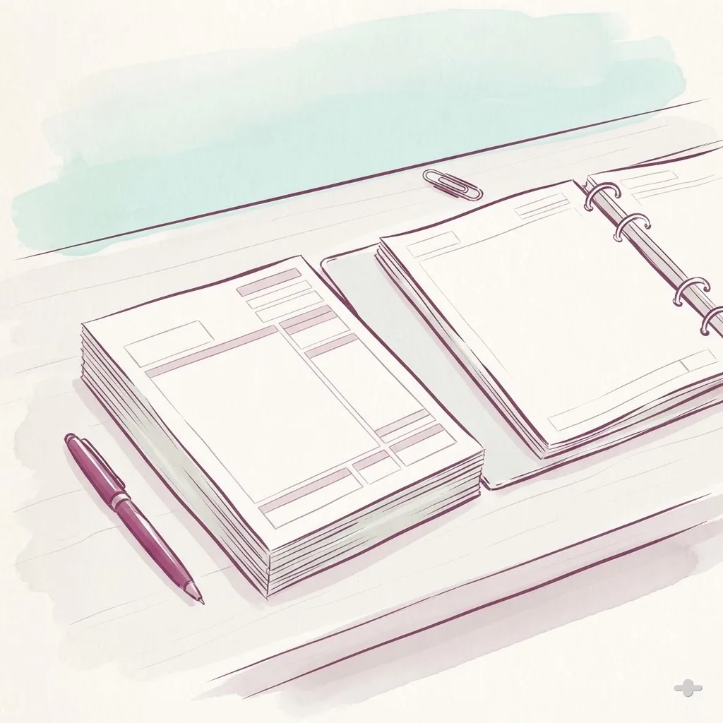 Ink-and-wash square study — Ink-and-wash drawing of a clinic billing desk with claim forms and a binder