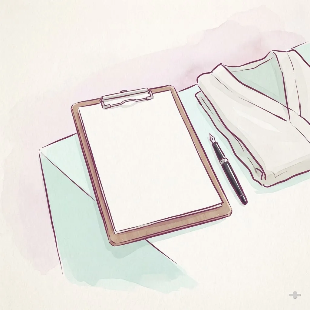 Ink-and-wash square study — Ink-and-wash drawing of a clipboard, a pen and a folded gown on a treatment plinth