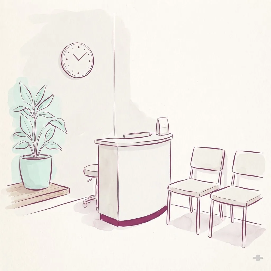 Ink-and-wash square study — Ink-and-wash drawing of a small clinic reception room