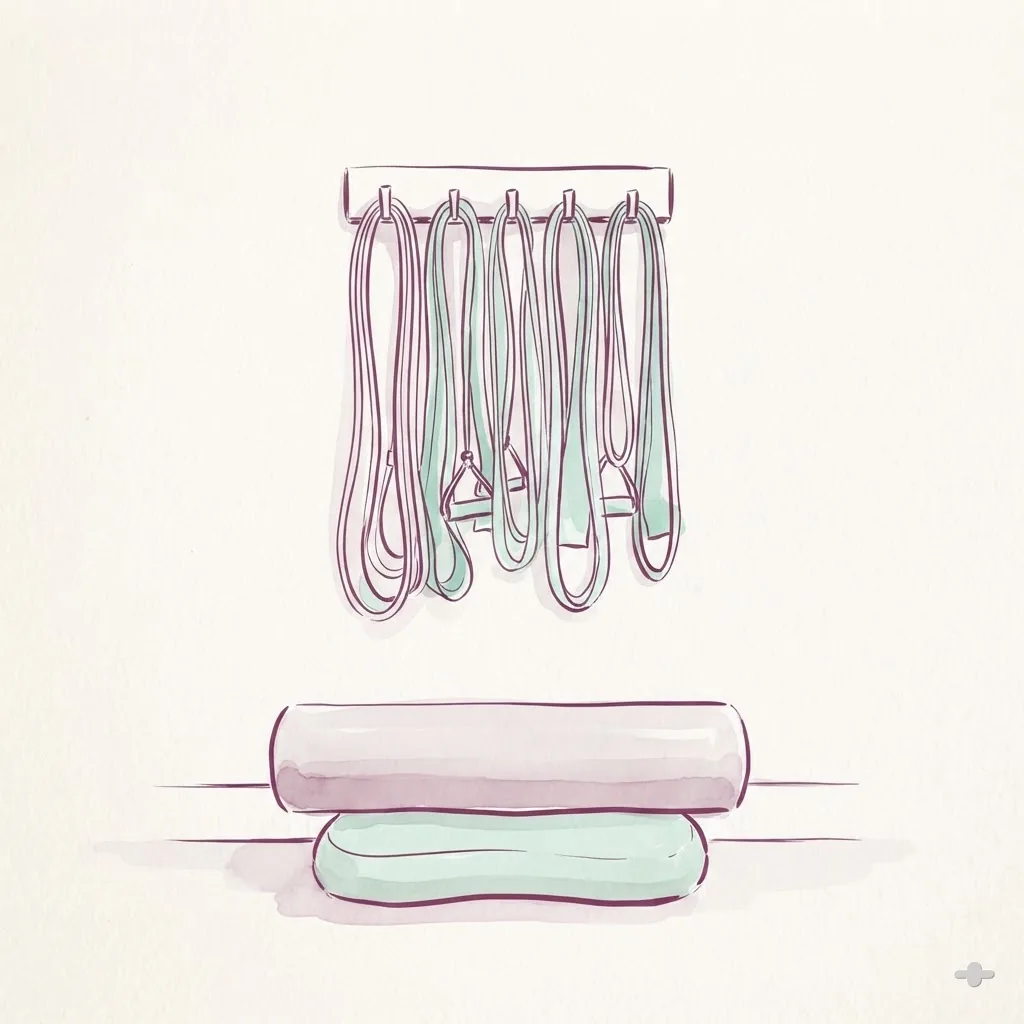 Ink-and-wash square study — Ink-and-wash drawing of coiled resistance bands, a foam roller and a balance pad
